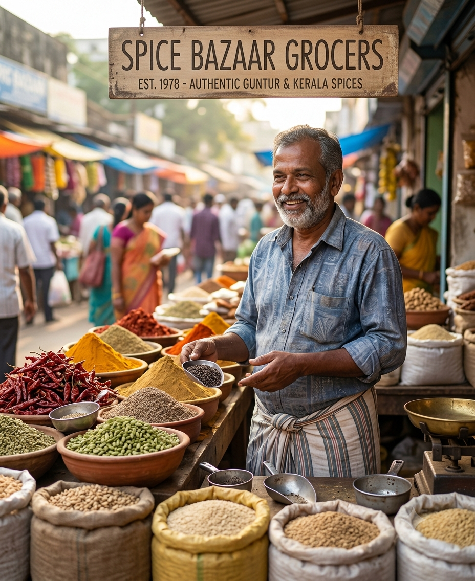A neighborhood spice and grain merchant in his open-air stall