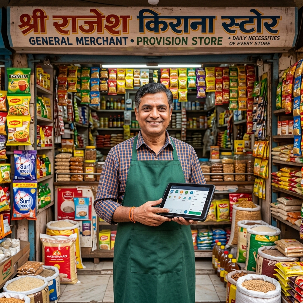 A confident Indian grocery store merchant with digital POS